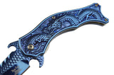Dragon Blue Mirror Spring Assisted Knife w/ 3D Engraved Scales Dark Side