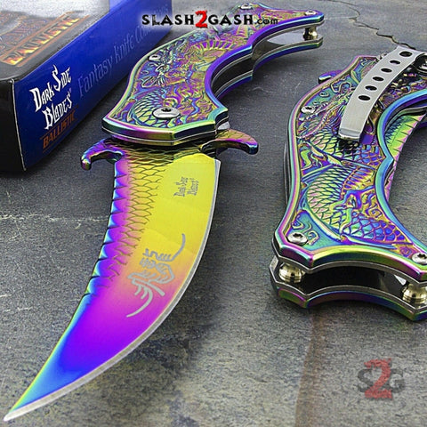 Dragon Titanium Rainbow Spring Assisted Knife 3D Engraved Scales Dark Side