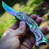 Dragon Titanium Rainbow Spring Assisted Knife 3D Engraved Scales Dark Side