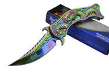 Dragon Titanium Rainbow Spring Assisted Knife 3D Engraved Scales Dark Side