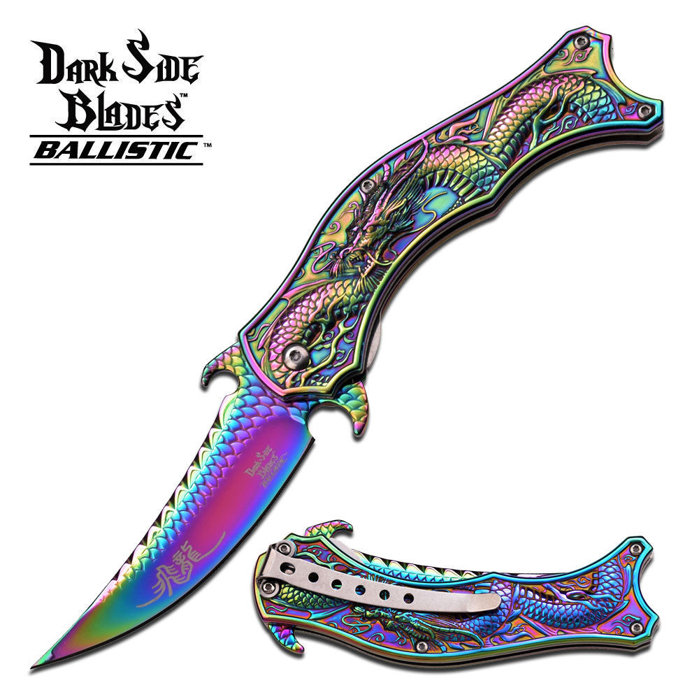 Dragon Titanium Rainbow Spring Assisted Knife 3D Engraved Scales Dark ...