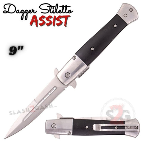 Black Dagger Spring Assist Stiletto Knives Slim Pocket Knife Silver Blade