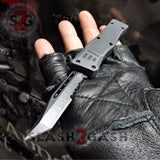 Grey Commando OTF Knife Small 7" Delta Force Switchblade - Black D2 Tanto Serrated - Gray Automatic Knives