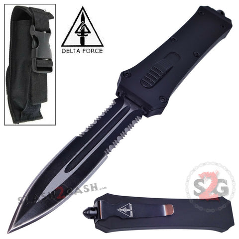 Delta Force OTF Crypt Keeper Dual Action Black Tactical Automatic Knife Dagger Serrated Switchblade