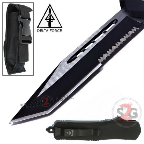 Delta Force OTF Recon D/A Black Tactical Automatic Knife Switchblade - Tanto Serrated