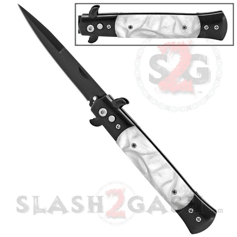 Black Stiletto Knife Diablo Milano Automatic Switchblade Knives 9" - Marble White Pearl