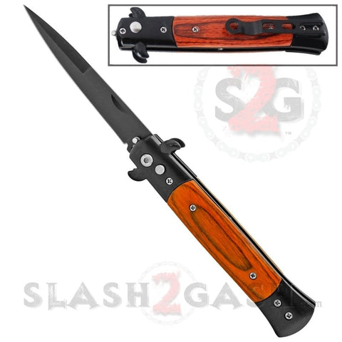 Black Rosewood Stiletto Knife Diablo Milano Automatic Switchblade Knives 9" - Wood Grain