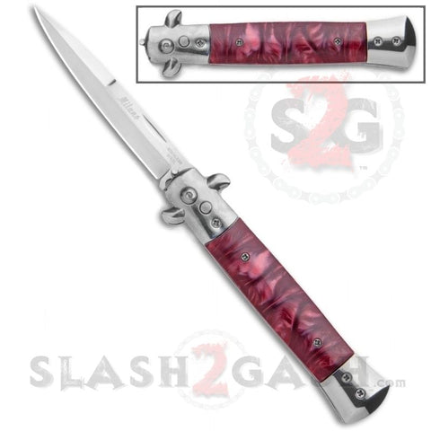 Red Marble Stiletto Knife Diablo Milano Automatic Switchblade Knives 9" - Pearl