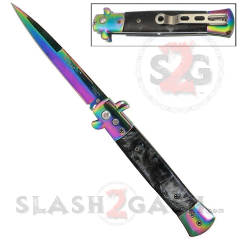 Diablo Stiletto Automatic Knife Milano Switchblade - Titanium Rainbow Marble Black Pearl