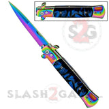 Diablo Stiletto Knife Milano Automatic Switchblade Knives 9" - Rainbow Titanium Marble Blue Pearl