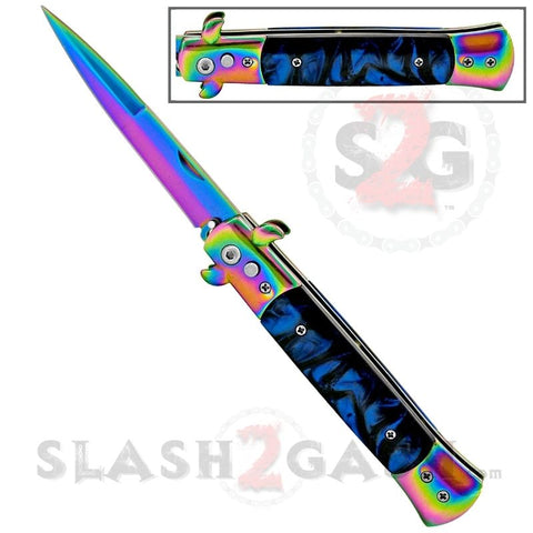 Rainbow Stiletto Knife Diablo Milano Automatic Switchblade Knives 9" - Marble Blue Pearl
