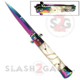 Diablo Stiletto Knife Milano Automatic Switchblade Knives 9" - Rainbow Titanium Marble White Pearl