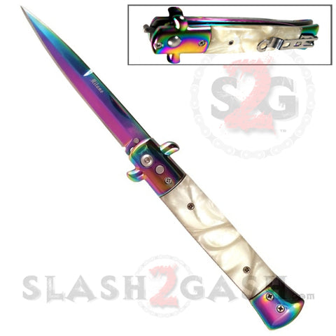 Diablo Stiletto Automatic Knife Milano Switchblade - Titanium Rainbow Marble White Pearl