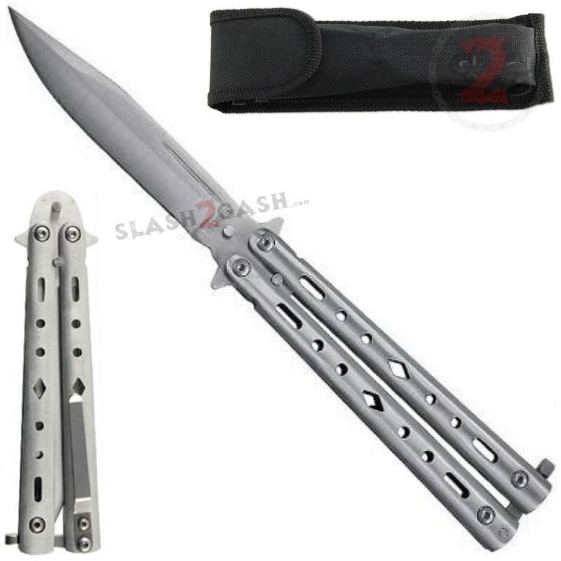 Ace of Diamonds Butterfly Knife w/ Clip - Brushed Silver Bali