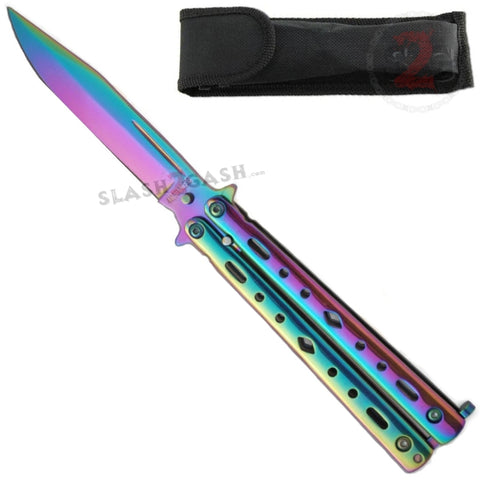 Ace of Diamonds Butterfly Knife w/ Clip & Sheath - Titanium Rainbow Balisong