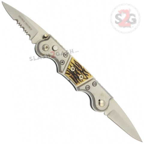 Double Trouble Mini Dual Switchblade Automatic Knife California Legal - Faux Stag