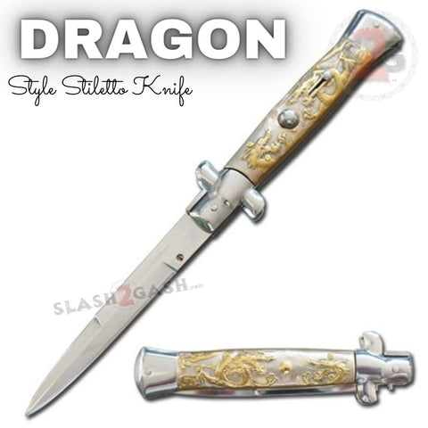 Dragon Stiletto Automatic Knife Italian Style Switchblade - Gold 3D Knives