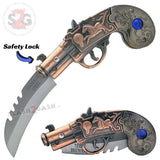 Gun-Shaped Mini Automatic Knife Dueling Pistols Novelty Switchblade - Antiqued Brass w/ Horse & Blue Jewel