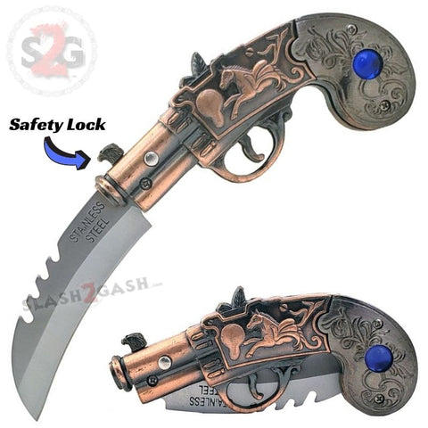 Gun-Shaped Mini Automatic Knife Dueling Pistols Novelty Switchblade - Antiqued Brass w/ Horse & Blue Jewel