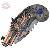 Gun-Shaped Mini Automatic Knife Dueling Pistols Novelty Switchblade - Antiqued Brass w/ Horse & Blue Jewel