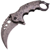 Black Damascus Karambit Knife Spring Assisted Folder Etched Design with Holes and Ring Claw Knives
