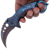 Blue Damascus Karambit Knife Spring Assisted Folder Etched Design with Holes and Ring Claw Knives