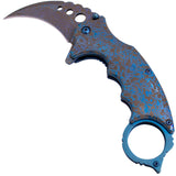 Blue Damascus Karambit Knife Spring Assisted Folder Etched Design with Holes and Ring Claw Knives