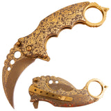 Gold Damascus Karambit Knife Spring Assisted Folder Etched Design with Holes and Ring Claw Knives