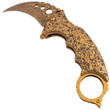 Gold Damascus Karambit Knife Spring Assisted Folder Etched Design with Holes and Ring Claw Knives