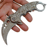 Silver Damascus Karambit Knife Spring Assisted Folder Etched Design with Holes and Ring Claw Knives