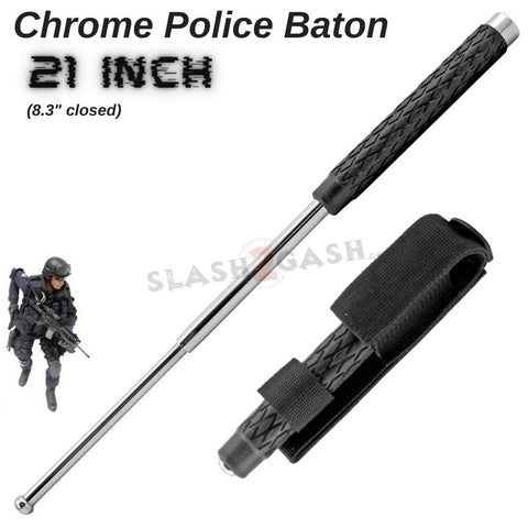 Chrome Baton Expandable Steel Police Stick Silver w/ Sheath - 21" Inch Self Defense Telescopic Baton