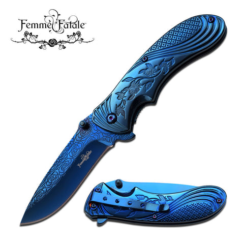 Femme Fatale Ladies Pocket Knife "Every Rose Has A Thorn"- BLUE