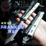 FrankenREP Butterfly Knife TITANIUM Balisong Black White G10 - (clone) Replicant Alt Blade Gold Liners STITCHED