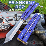 FrankenREP Butterfly Knife TITANIUM Balisong Purple G10 - (clone) Replicant Tanto Blade Gold Liners PP STITCHED