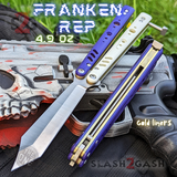 FrankenREP Butterfly Knife TITANIUM Balisong Purple White G10 - (clone) Replicant Tanto Blade Gold Liners PP WH STITCHED