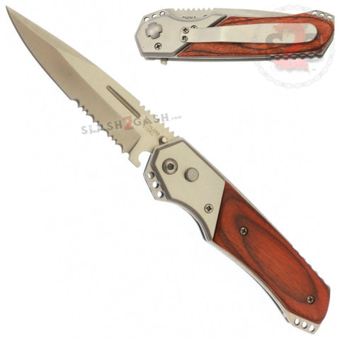 Gentleman's Rosewood Automatic Knife Serrated w/ Safety Lock - Switchblade