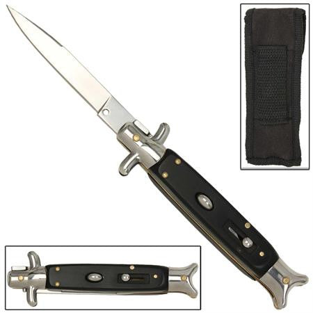 9" Italian Milano Stiletto Fishtail Silver & Black Classic Automatic Knife