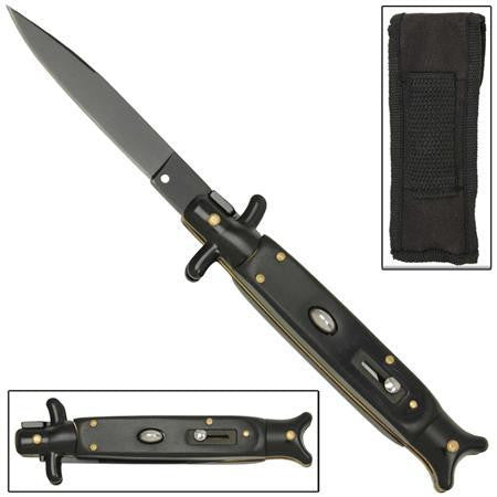 9" Italian Milano Stiletto Fishtail Black w/ Gold Classic Automatic Knife