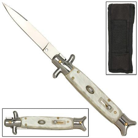 9" Italian Milano Stiletto Fishtail Silver White Pearl Classic Automatic Knife