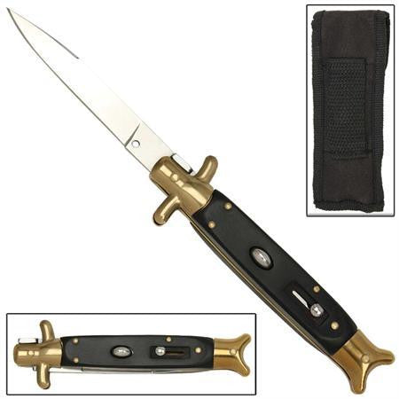 9" Italian Milano Stiletto Fishtail Gold w/ Black Classic Automatic Knife
