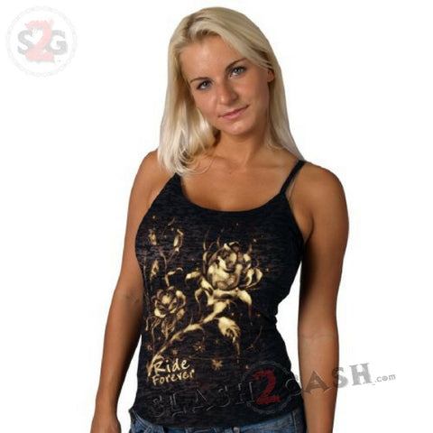 Hot Leathers Ladies Bleach Roses Burnout Tank Top Ride Forever