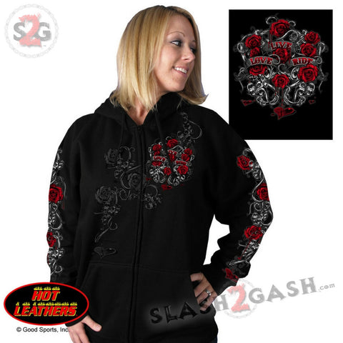 Hot Leathers Womens Hooded Sweatshirt with Live, Love, Ride and Roses