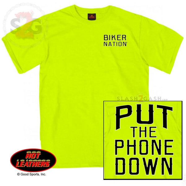 NEW! Hot Leathers Put The Phone Down Biker T-Shirt Safety Green Hi