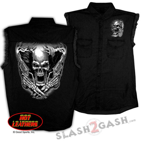 Hot Leathers Assassin Sleeveless Denim Biker Shirt Skull & Pistols