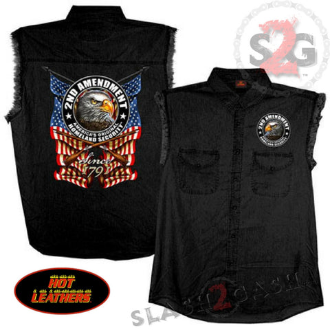 Hot Leathers New Down Flag Sleeveless Denim Button Up Biker Shirt