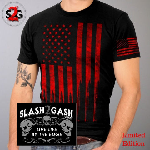 American Flag Bullets T-Shirt Red Sleeve Print Custom slash2gash S2G backprint