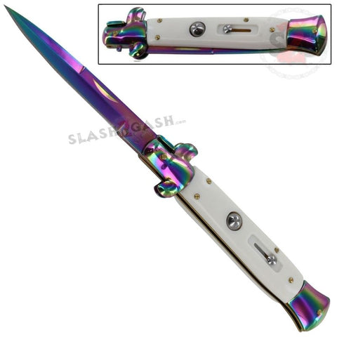 10" Grande Godfather Stiletto Automatic Knife Classic Switchblade - Rainbow White