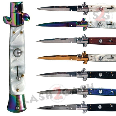 The Godfather Italian Stiletto Automatic Knife Classic Mafia Switchblade - w/ Acrylic Marble Pearl Wood 8 Colors