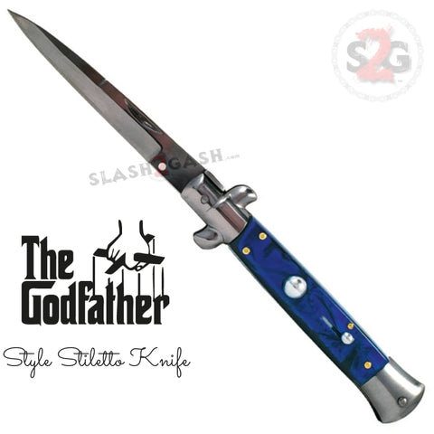 GO BLUE Godfather Stiletto Automatic Knife Classic Switchblade - Blue Marble Acrylic Pearl