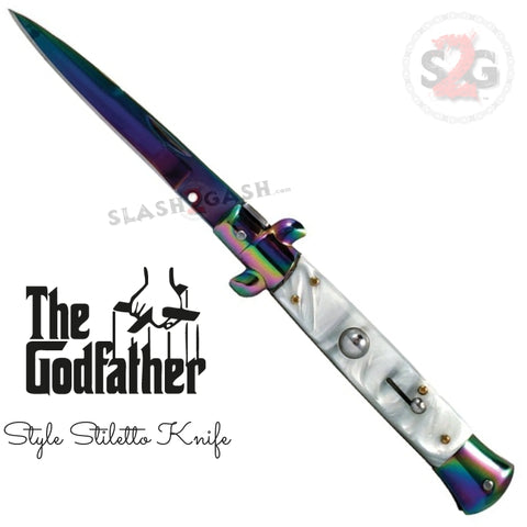 Godfather Stiletto Automatic Knife Classic Switchblade - Titanium Rainbow White Marble Acrylic Pearl